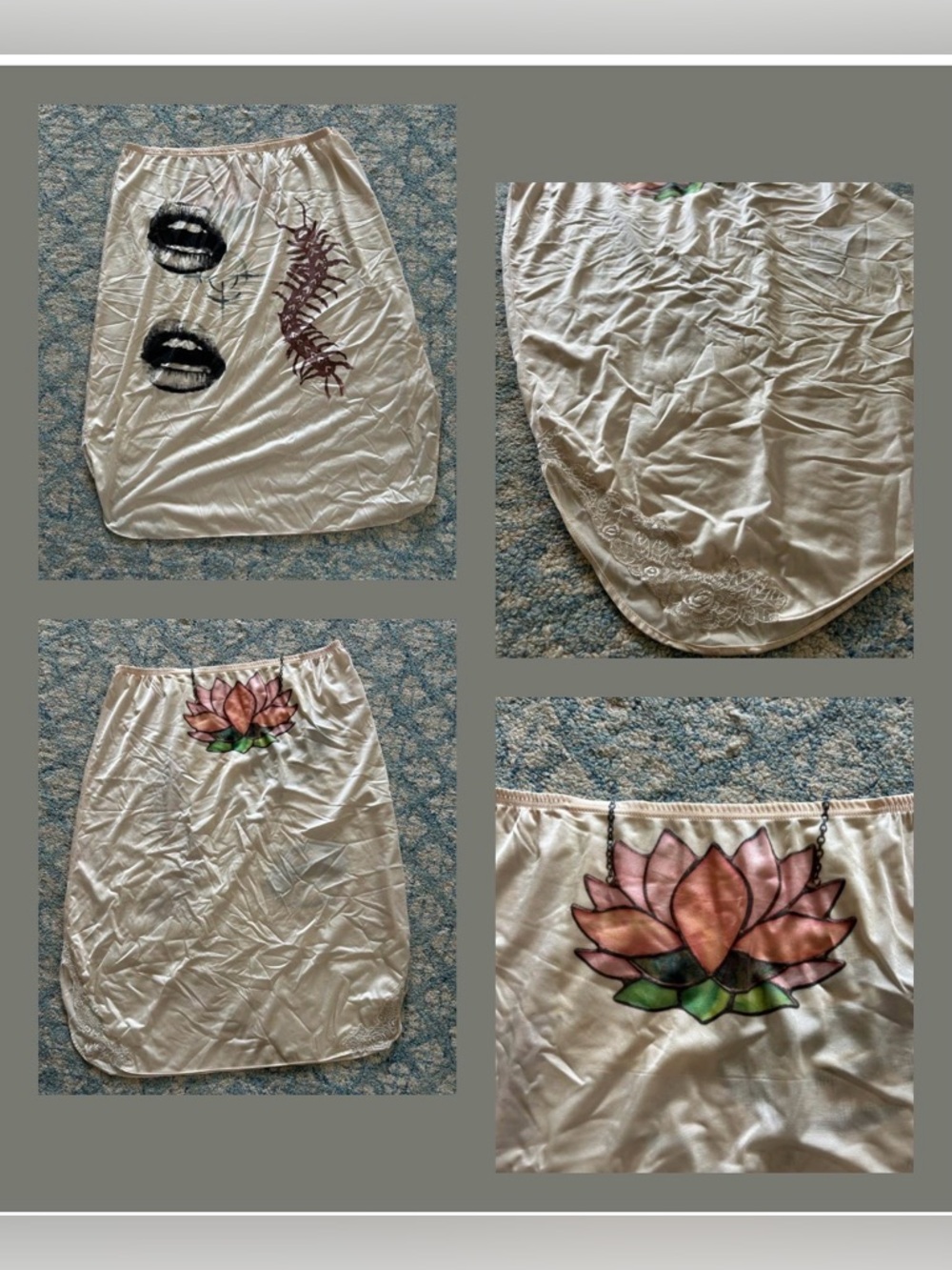 Vintage upcycled slip Graphic Lip & Centipede Print Skirt & lotus in Cream